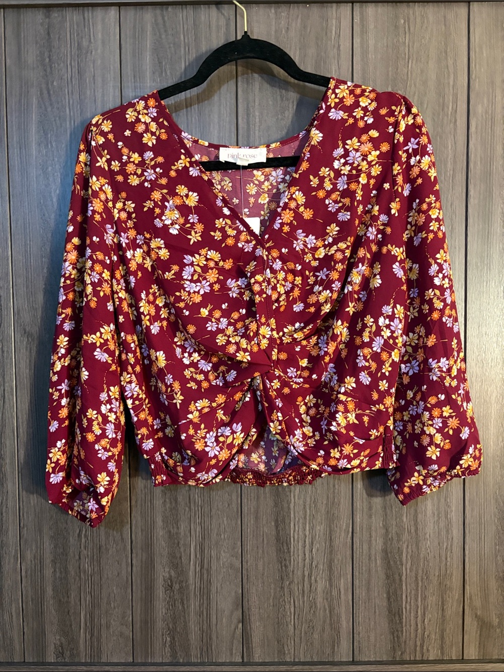 Pink Rose Woven Heart Burgundy Floral Twist-Front Blouse